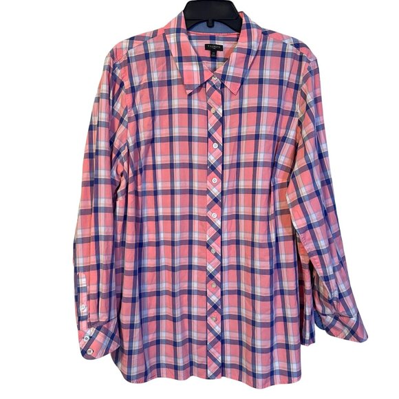Talbots Womens Plus Size 2X Long Sleeve Button-Up Plaid Shirt 100% Cotton Pink & - Picture 1 of 12